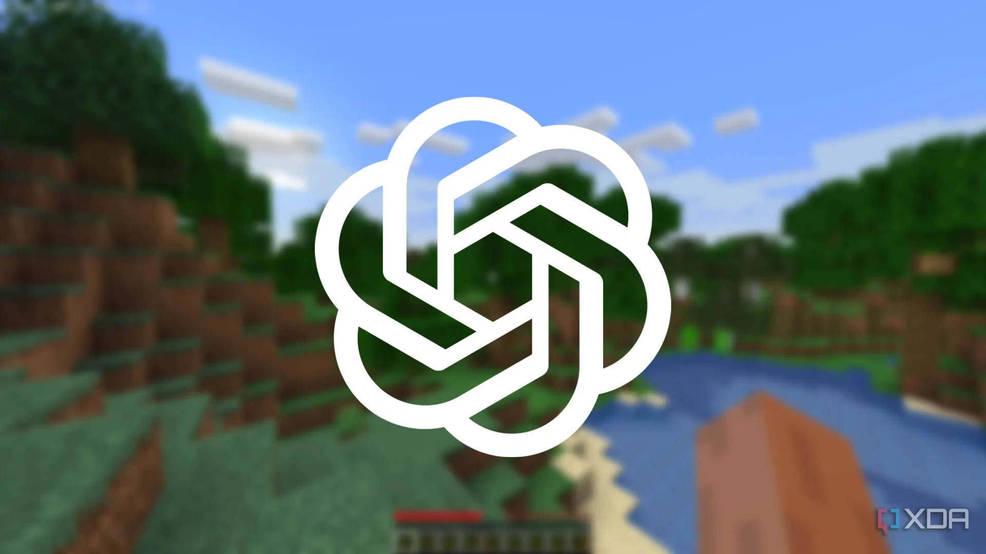 Logo ChatGPT được đặt chồng lên hình ảnh mờ của trò chơi Minecraft