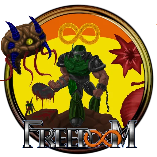 Logo Freedoom: tên trò chơi cách điệu, chữ 'F' và 'D' lớn màu đỏ rực, gợi nhớ phong cách đồ họa của Doom.