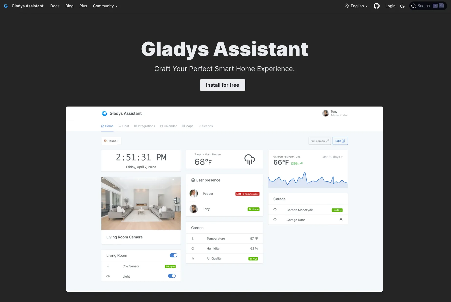 Logo và giao diện người dùng của Gladys Assistant, một nền tảng nhà thông minh tự host tập trung vào quyền riêng tư và hoạt động ngoại tuyến.