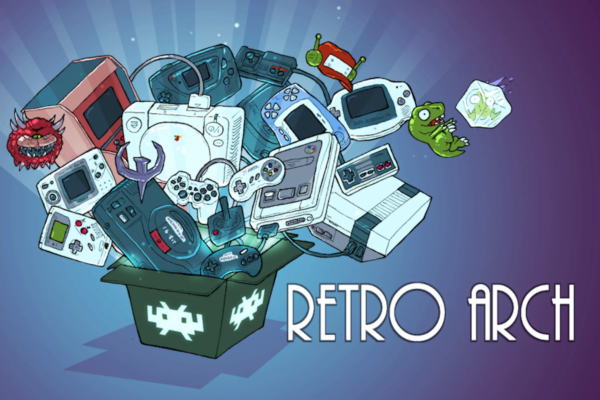 Logo và hình ảnh minh họa của RetroArch, một giả lập mạnh mẽ được tích hợp trong LaunchBox.