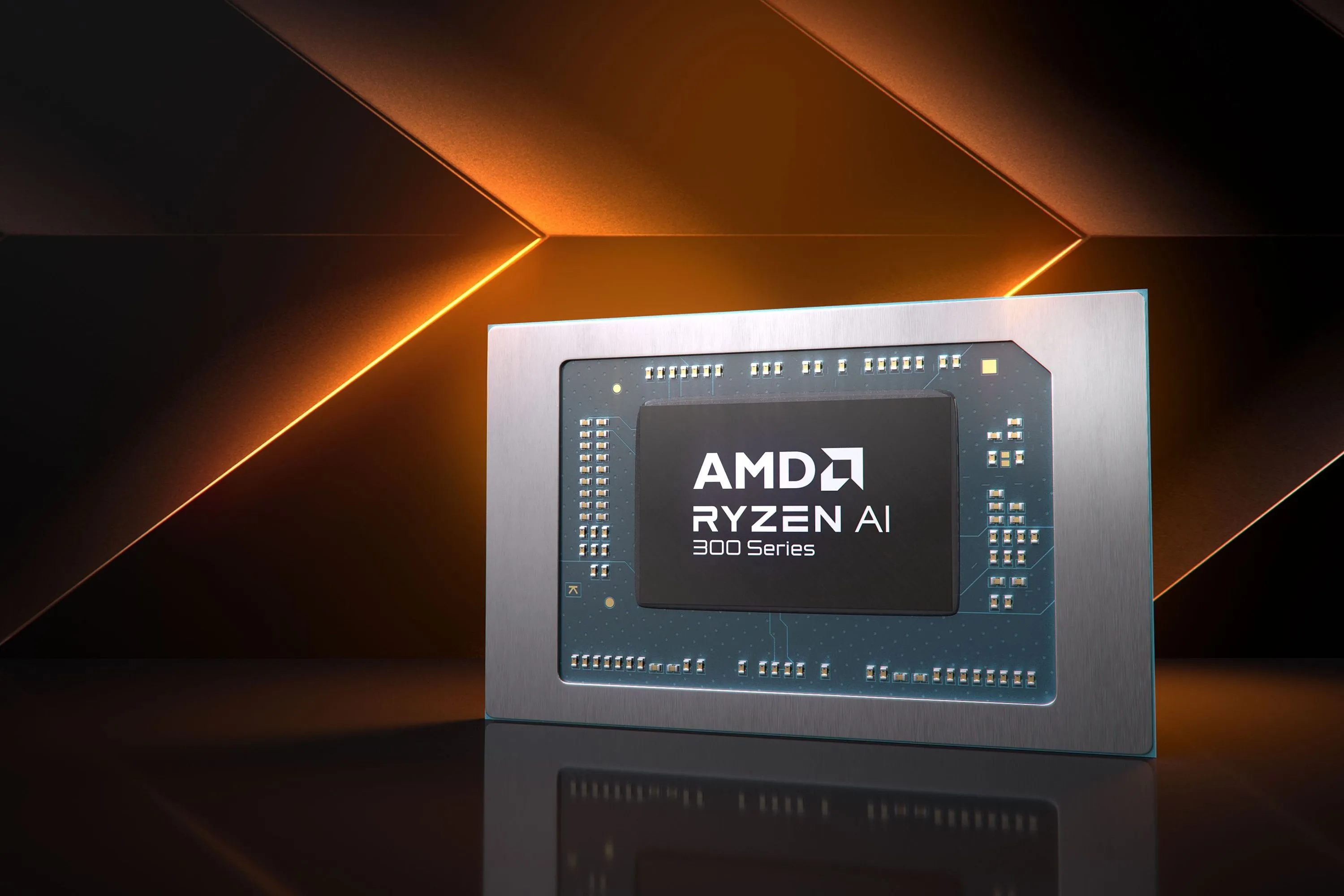 Logo và tên dòng chip AMD Ryzen AI 300, biểu tượng cho sự cạnh tranh mạnh mẽ trong phân khúc chip AI PC