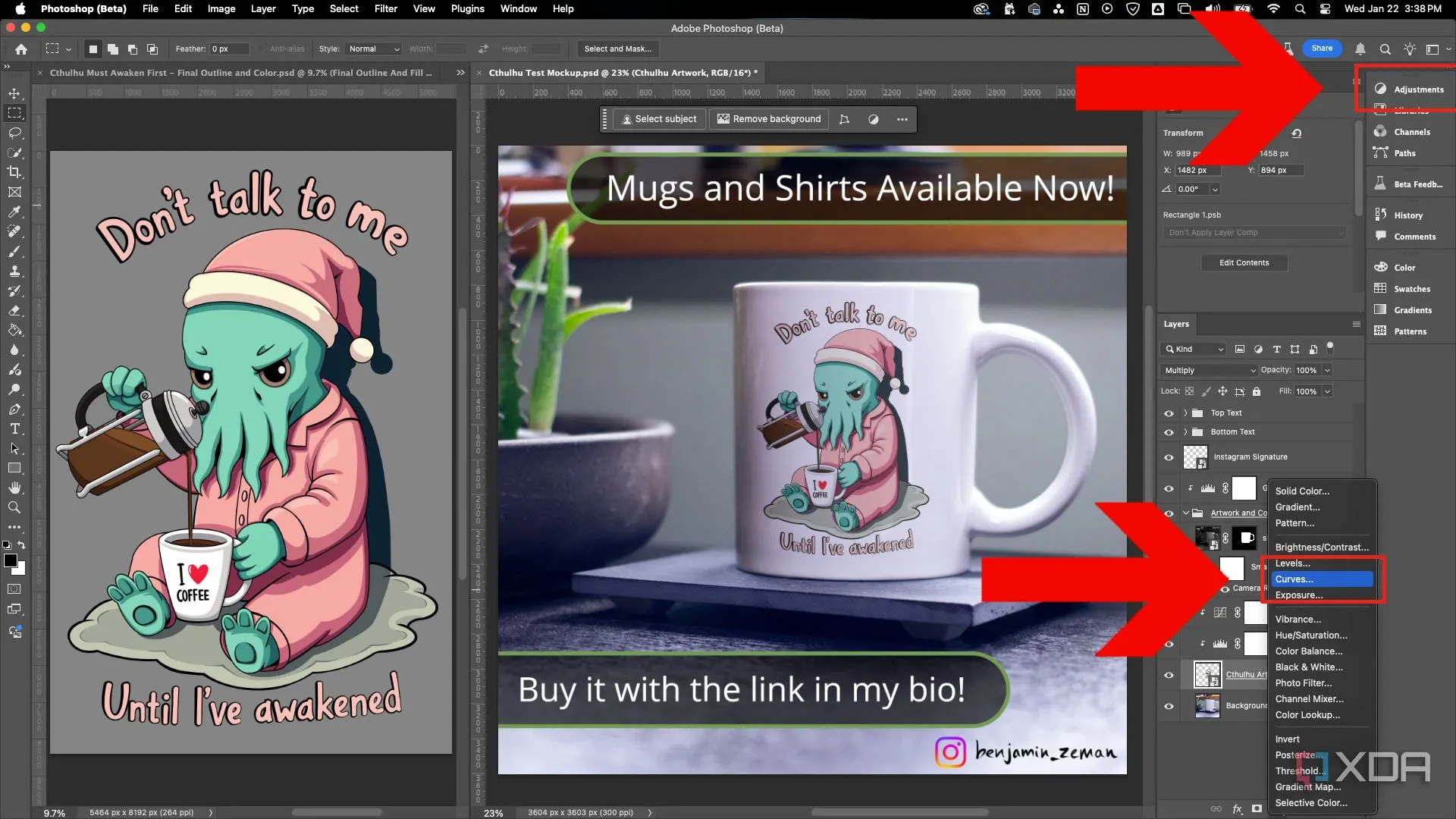 Lớp điều chỉnh Photoshop trong menu nhấp chuột phải hoặc thanh bên