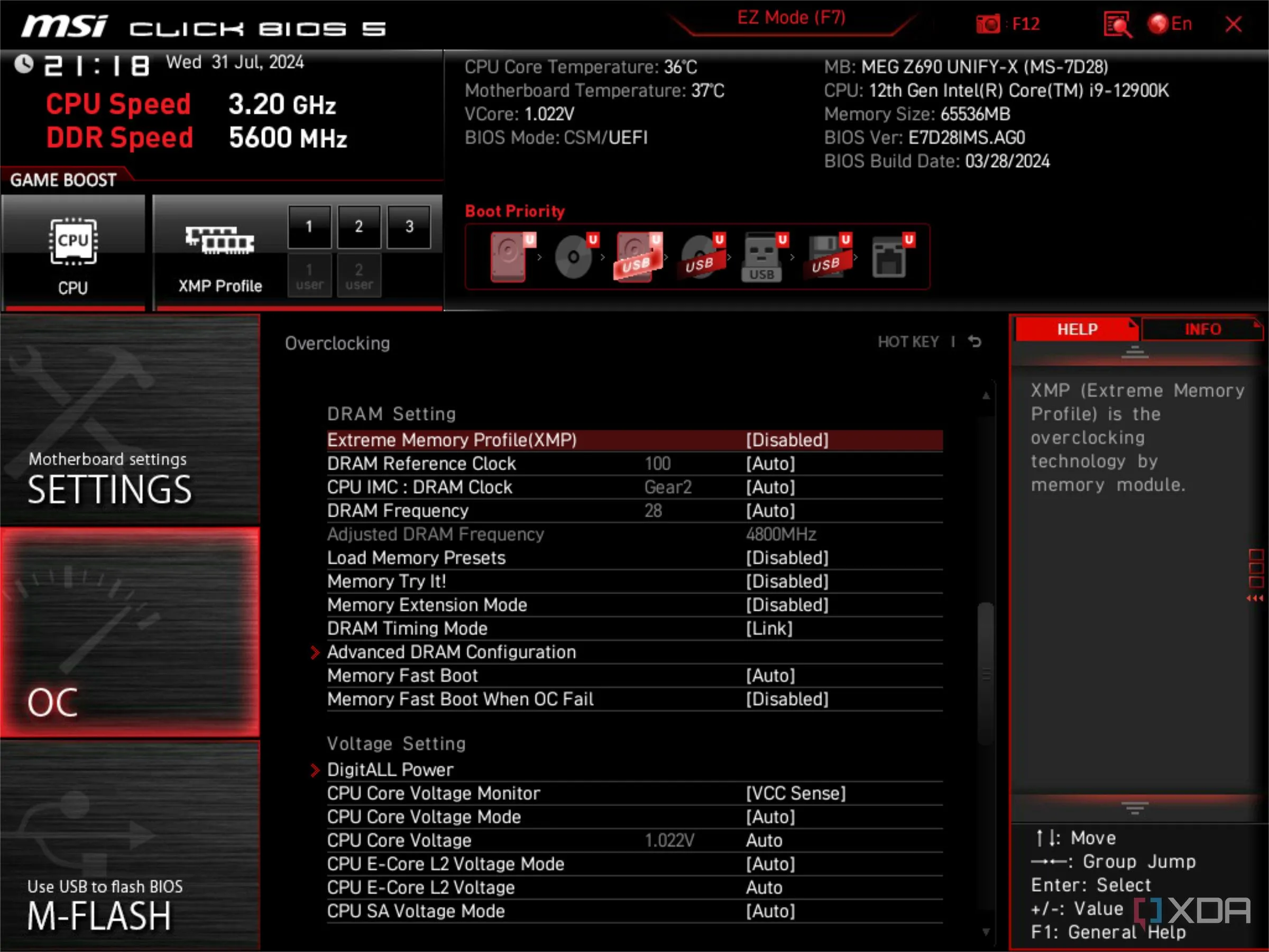 Màn hình BIOS UEFI của MSI cho thấy tùy chọn XMP (Extreme Memory Profile) đang bị vô hiệu hóa