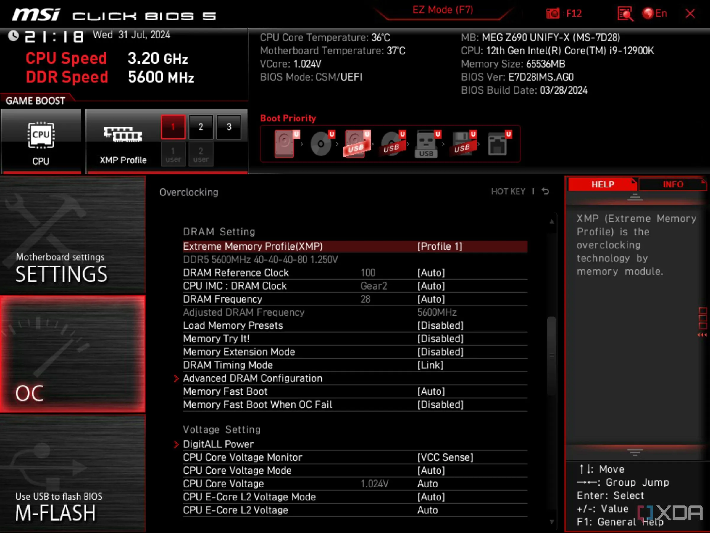 Màn hình BIOS UEFI của MSI hiển thị tùy chọn Intel XMP đã được kích hoạt, tối ưu tốc độ RAM cho hiệu suất chơi game.