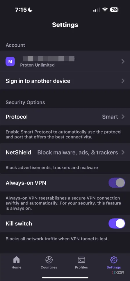Màn hình cài đặt của Proton VPN hiển thị các tùy chọn cấu hình