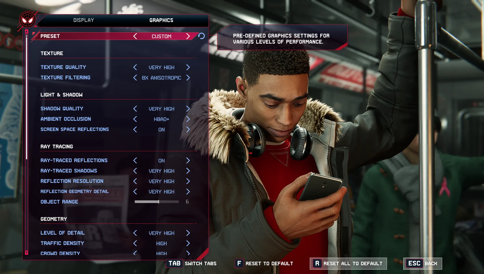 Màn hình cài đặt đồ họa trong game Spider-Man: Miles Morales, minh họa các tùy chọn tối ưu chất lượng và hiệu suất