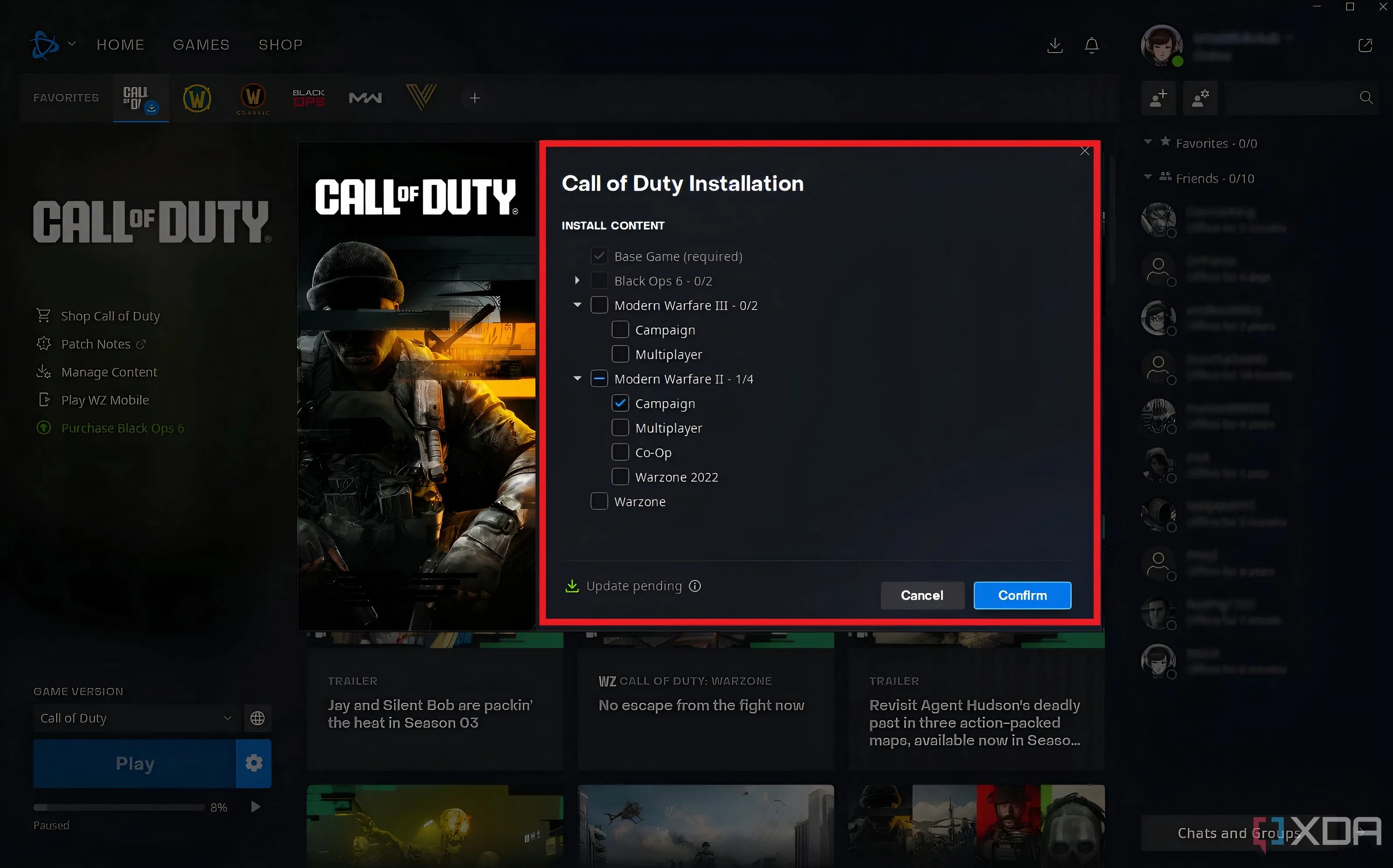 Màn hình cài đặt tùy chỉnh Call of Duty trong Battle.net, cho phép người dùng chọn gói cài đặt để tiết kiệm dung lượng.