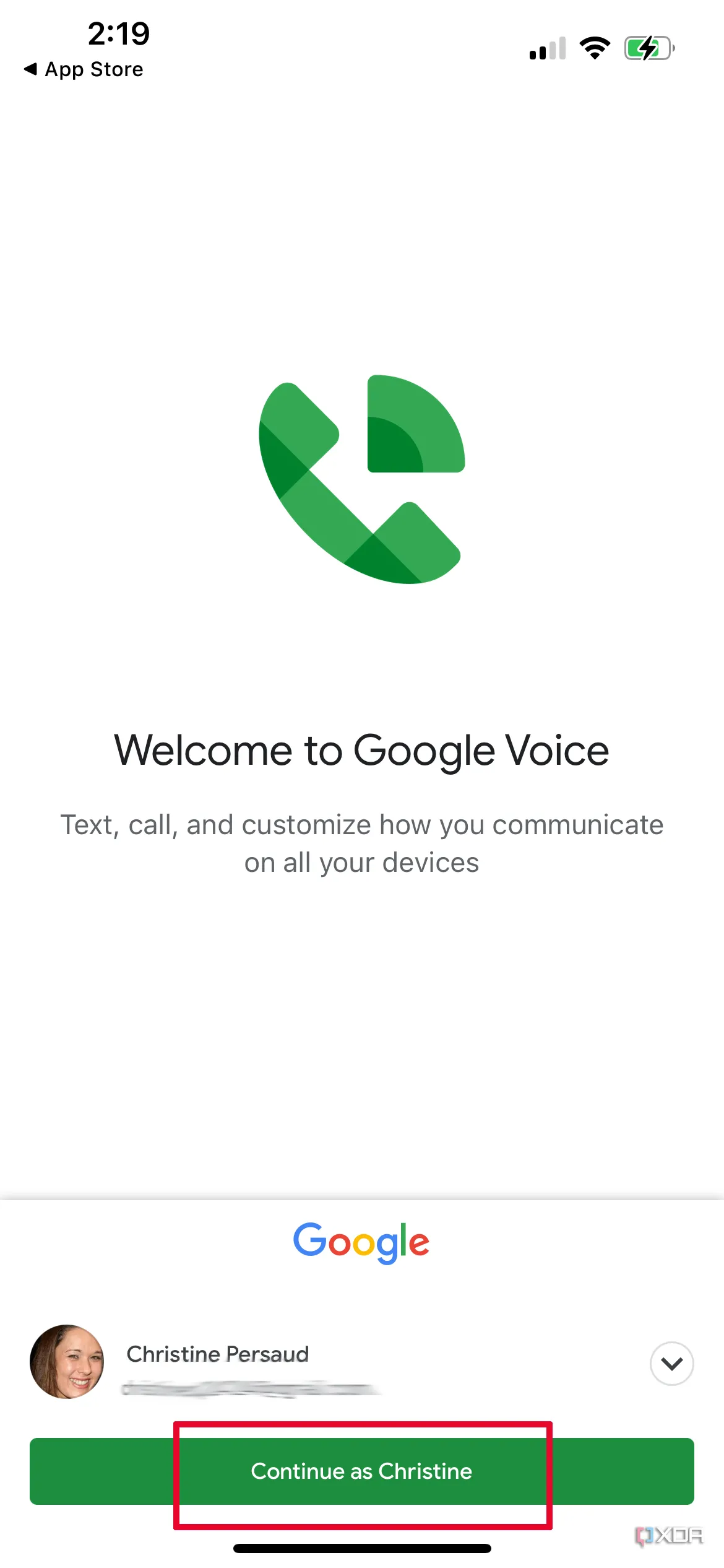 Màn hình chào mừng Google Voice với tùy chọn &quot;Tiếp tục với Christine&quot; đã được chọn.