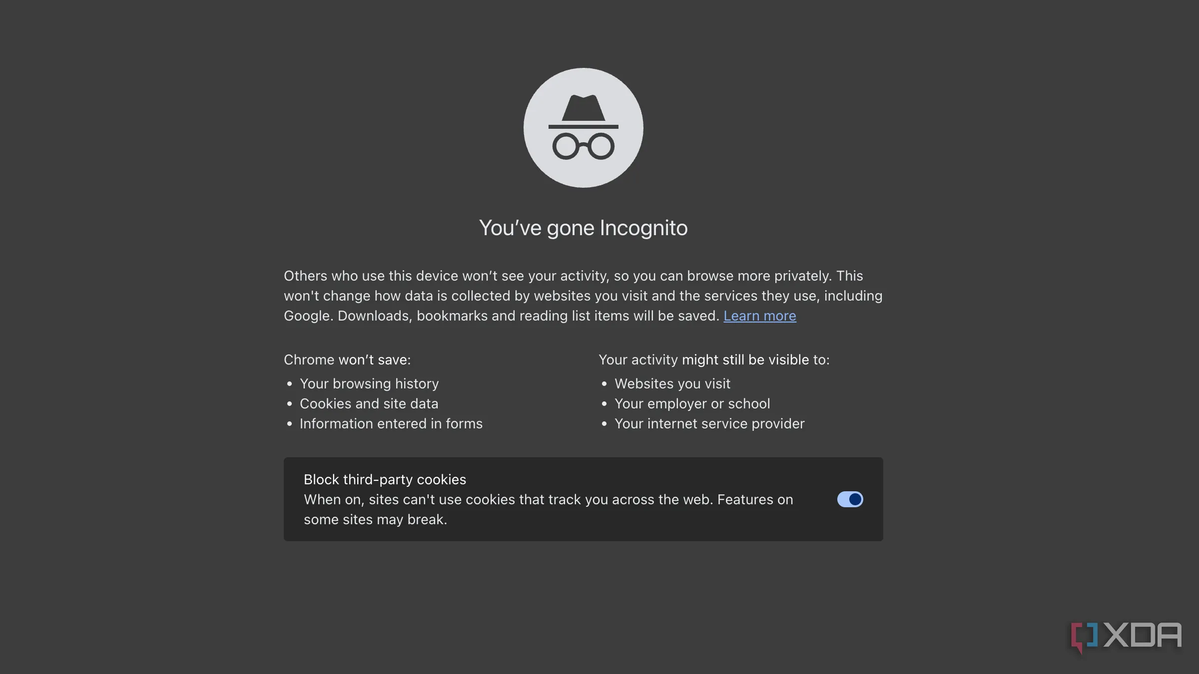 Màn hình chế độ ẩn danh (Incognito mode) của Google Chrome