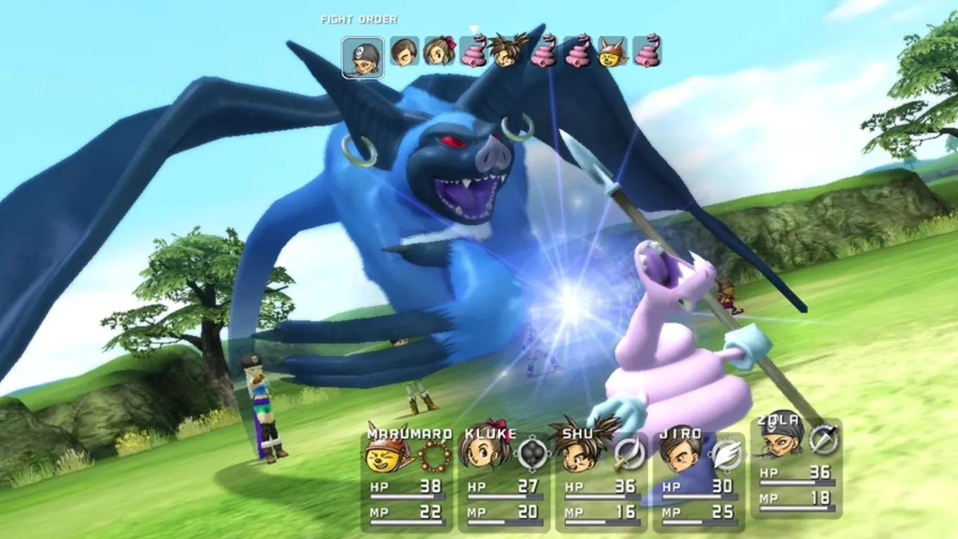 Màn hình chiến đấu trong game Blue Dragon, hiển thị nhân vật với thiết kế của Akira Toriyama và quái vật dơi khổng lồ