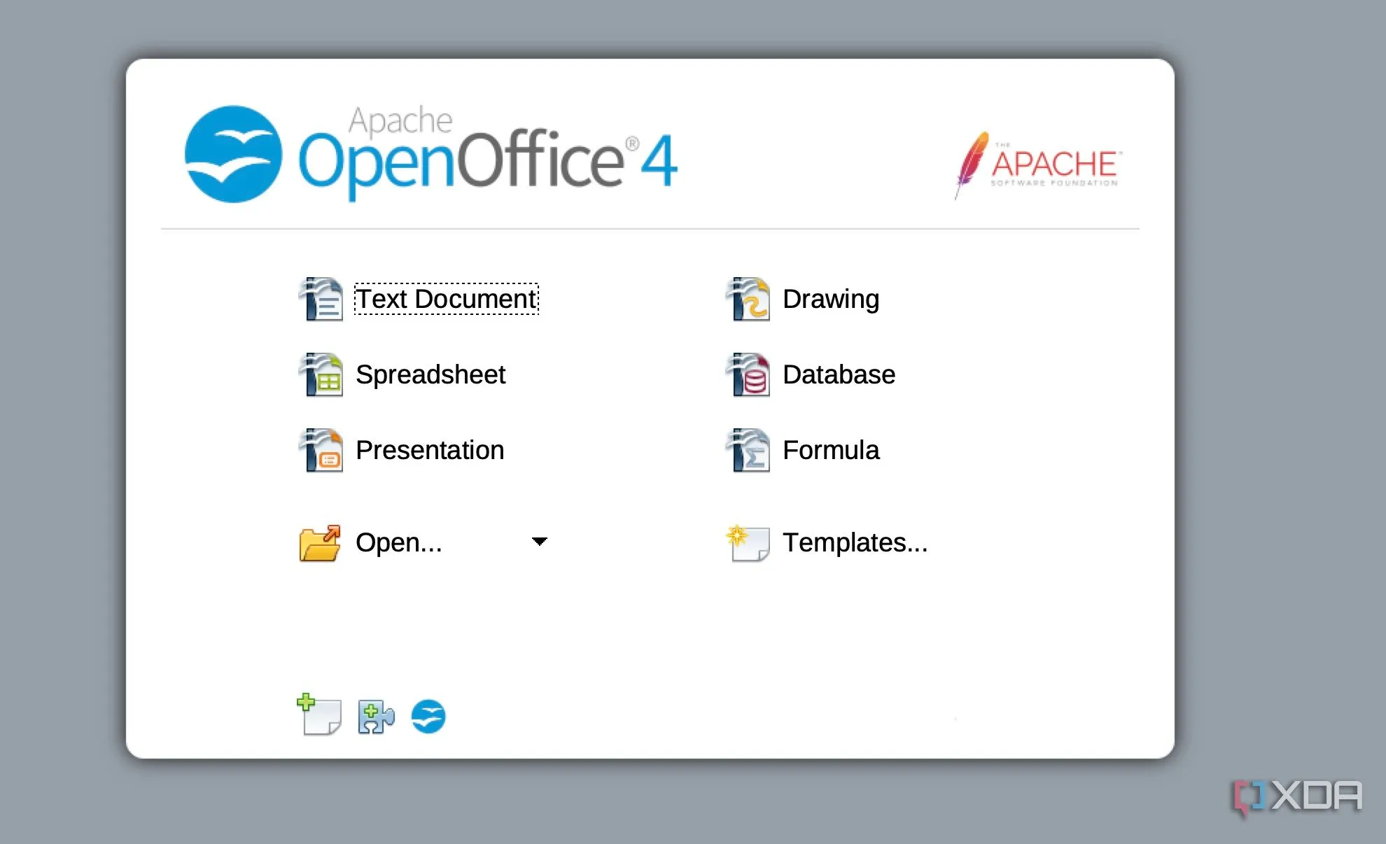 Màn hình chính của Apache OpenOffice hiển thị các lựa chọn tạo tài liệu, bảng tính, trình chiếu và nhiều hơn nữa