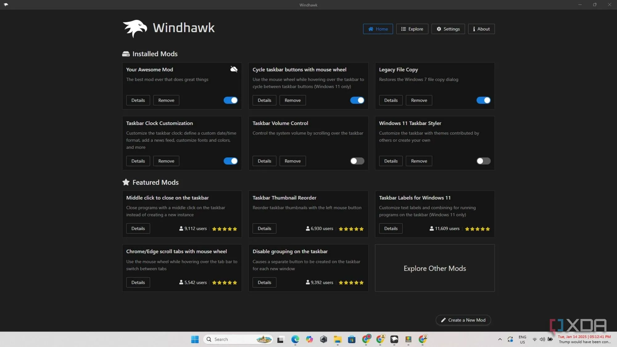 Màn hình chính của Windhawk với danh sách mod