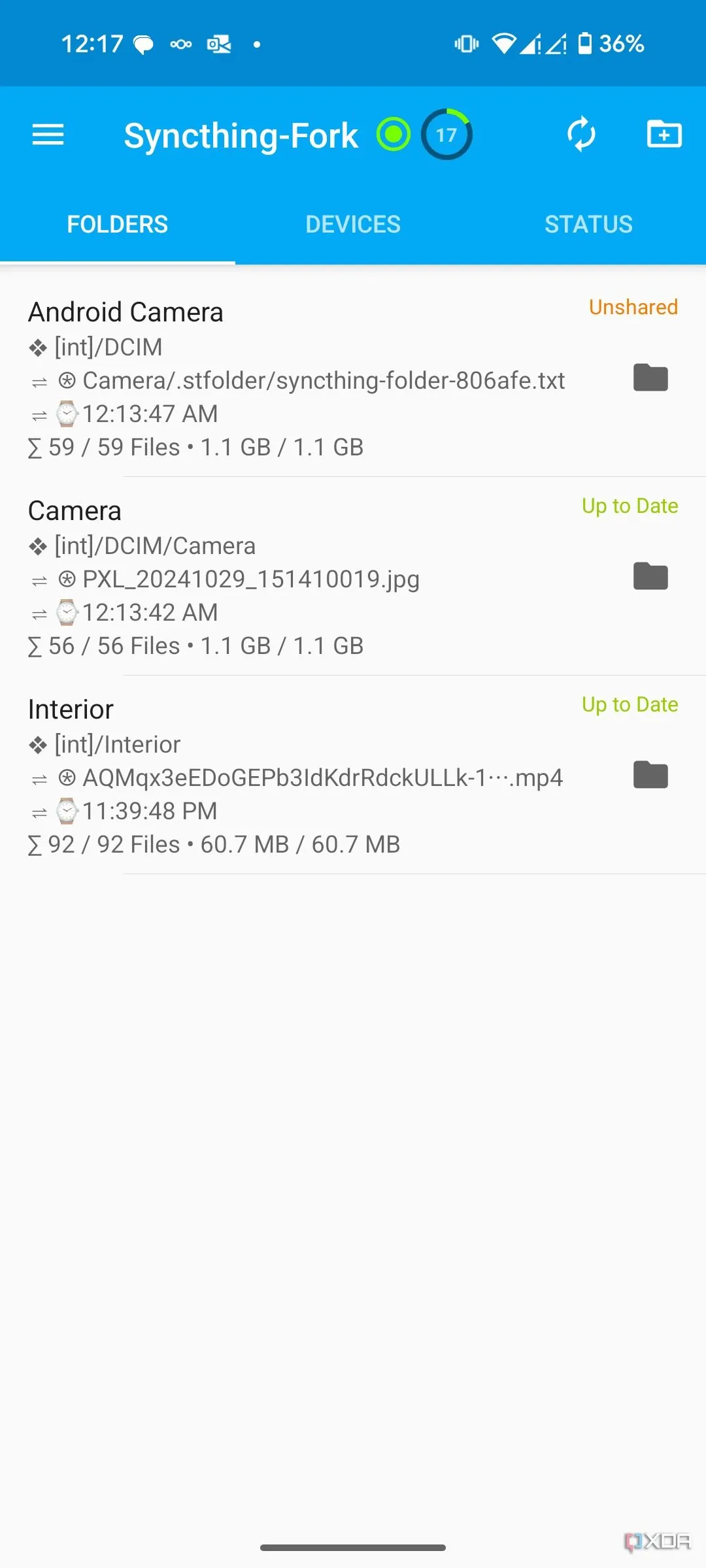 Màn hình chính ứng dụng Syncthing-Fork trên Android, hiển thị trạng thái kết nối các thiết bị đồng bộ