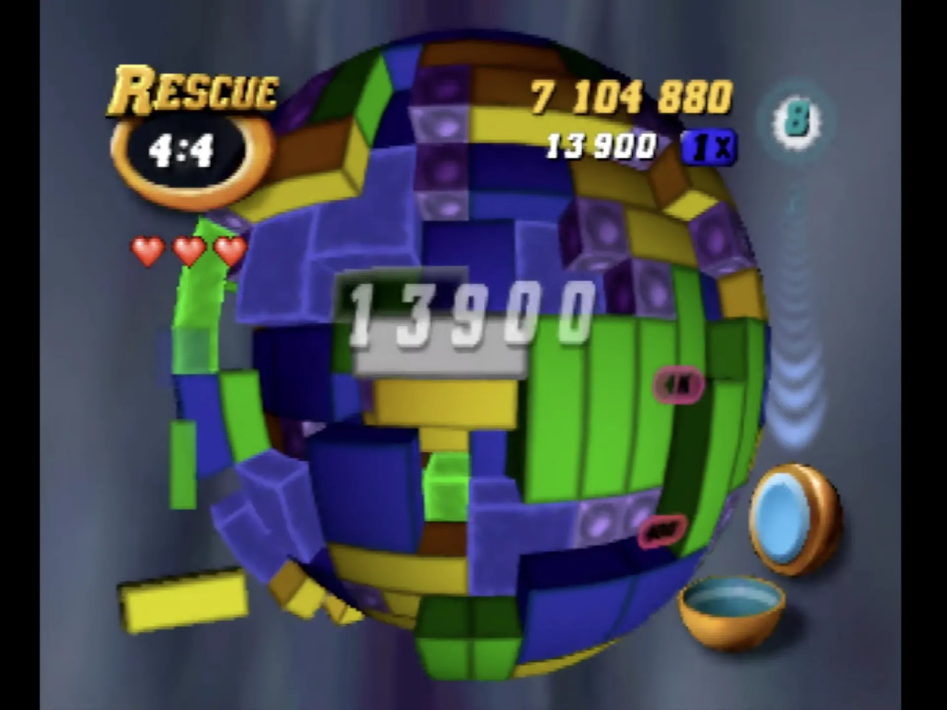 Màn hình chơi game Tetrisphere trên hệ máy Nintendo 64 với khối cầu 3D