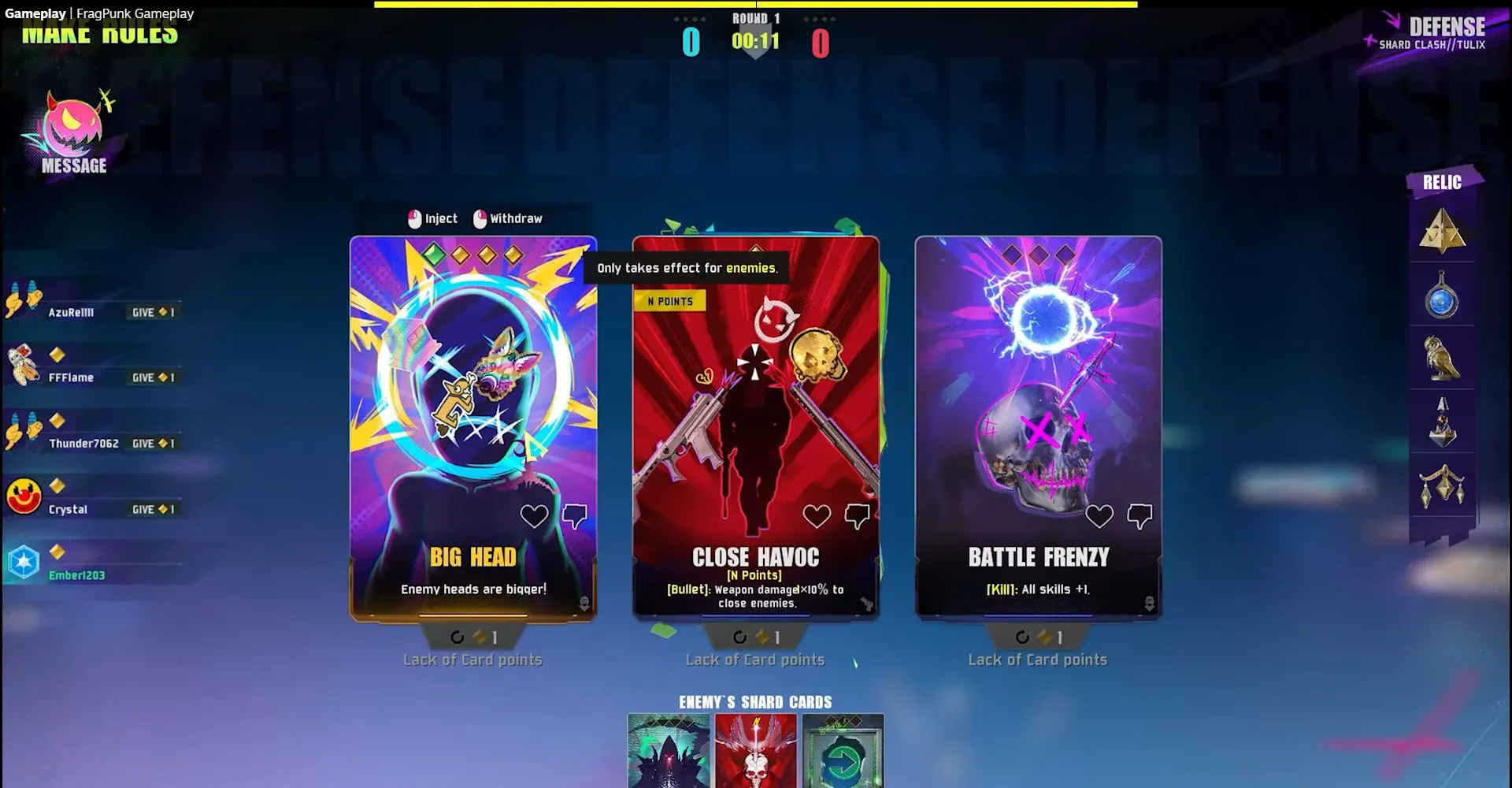 Màn hình chọn Shard Card trong FragPunk, thể hiện cơ chế thẻ bài độc đáo thay đổi luật chơi mỗi vòng.