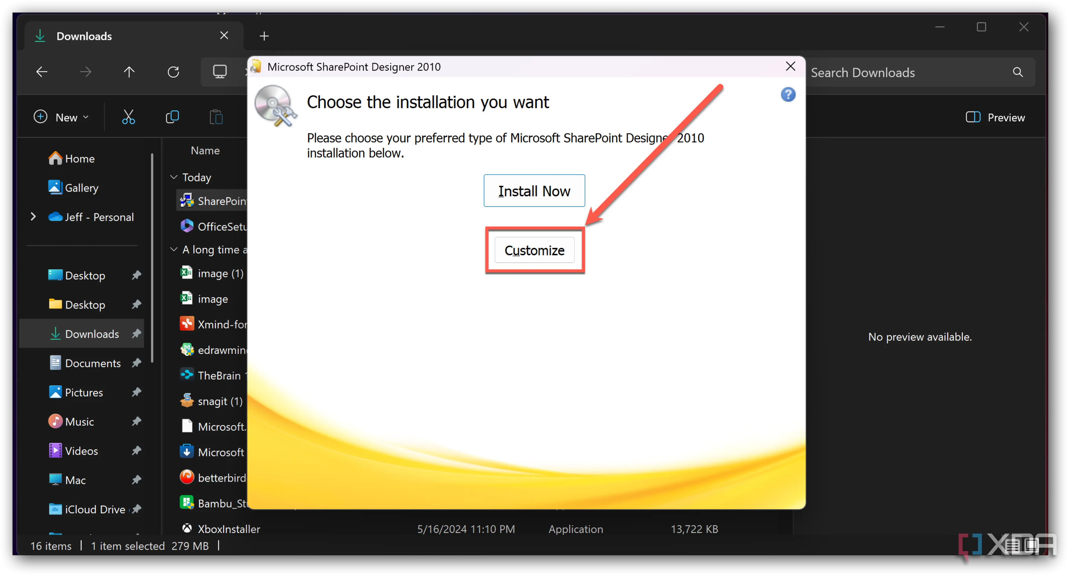 Màn hình &quot;Choose the installation you want&quot; trong quá trình cài đặt SharePoint Designer 2010, với tùy chọn &quot;Customize&quot; được chọn để cài đặt Microsoft Office Picture Manager.