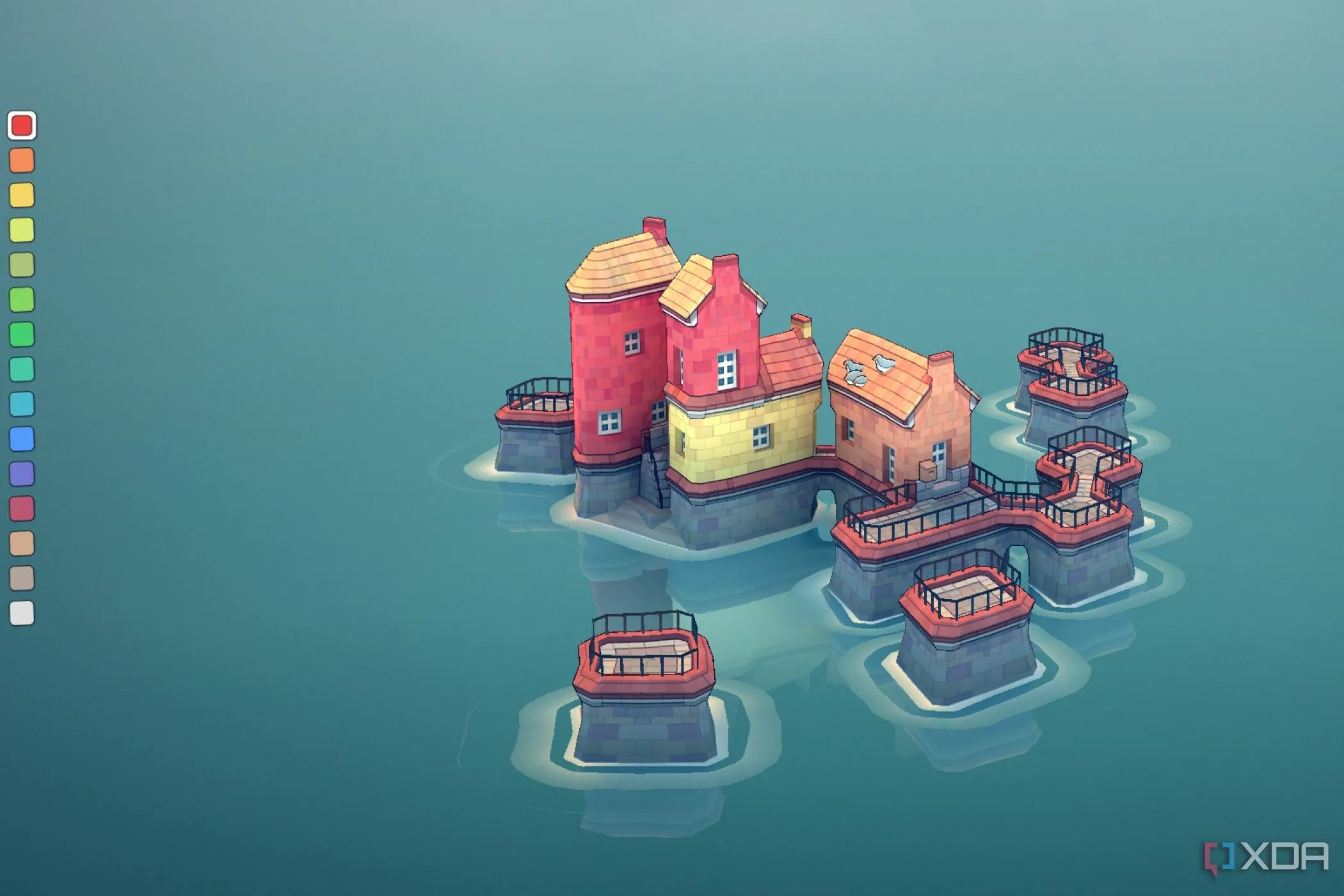 Màn hình game Townscaper hiển thị một thị trấn nhỏ trên mặt nước với các tòa nhà nhiều màu sắc