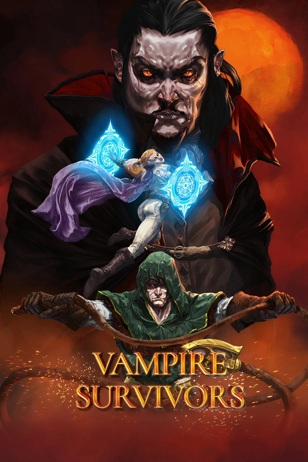 Màn hình game Vampire Survivors với nhân vật chính đang chiến đấu giữa vô số kẻ thù, thể hiện gameplay hỗn loạn và hiệu ứng vũ khí đa dạng.