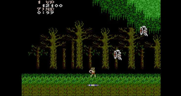 Màn hình gameplay của Ghosts 'n Goblins với nhiều kẻ thù và chướng ngại vật