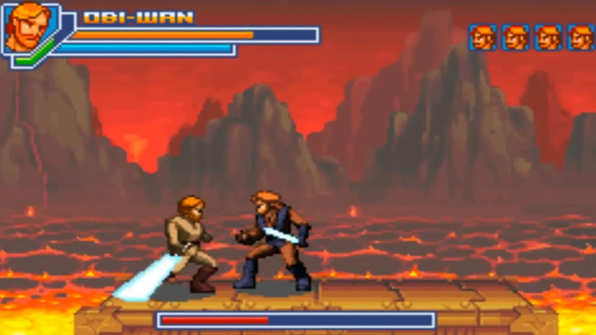 Màn hình gameplay của Star Wars Episode 3: Revenge of the Sith trên Game Boy Advance, cho thấy Anakin Skywalker đang sử dụng lightsaber trong trận chiến 2D.