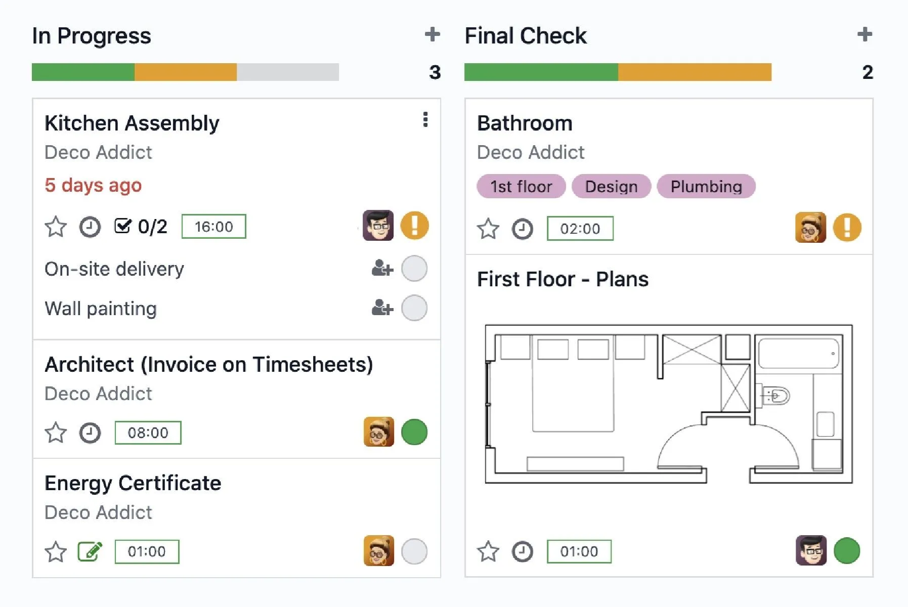 Màn hình giao diện quản lý dự án của Odoo với các bảng Kanban đầy màu sắc