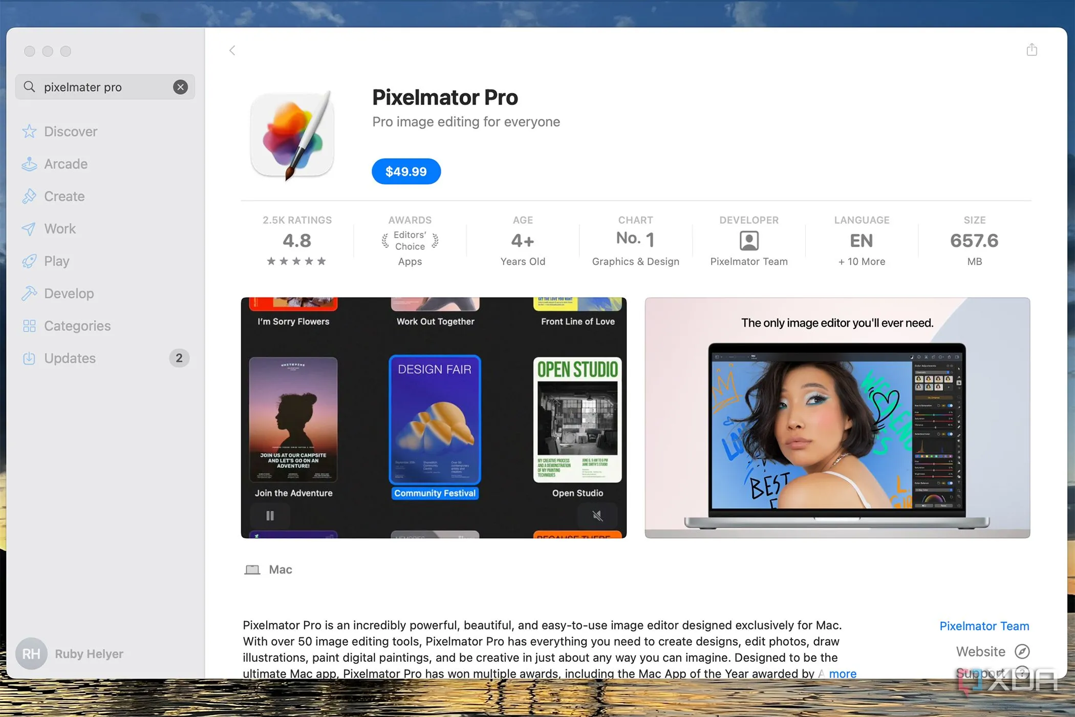 Màn hình hiển thị giá của Pixelmator Pro trên Apple App Store, cho thấy đây là phần mềm trả phí một lần.