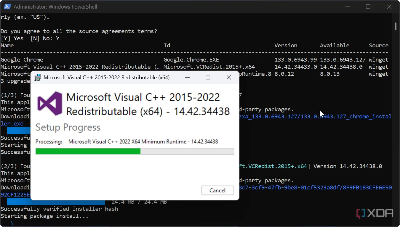 Màn hình hiển thị quá trình cài đặt Microsoft Visual thông qua script cập nhật ứng dụng PowerShell
