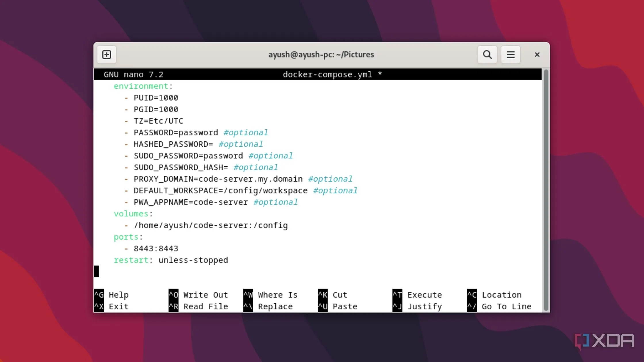 Màn hình hiển thị quá trình tạo file docker-compose.yml để triển khai Code-Server bằng Docker, nhấn mạnh tính linh hoạt của giải pháp container hóa