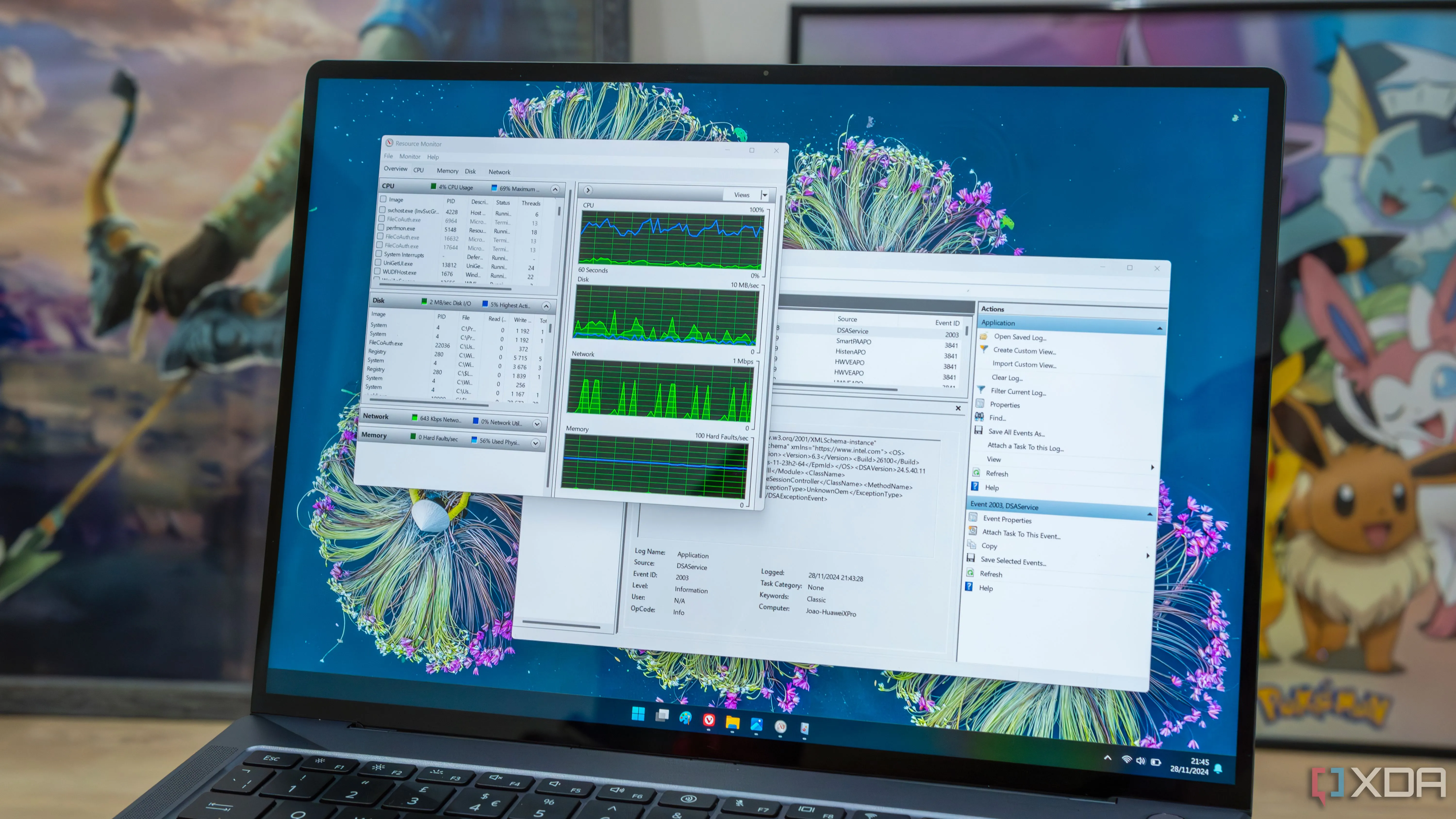 Màn hình laptop Windows 11 hiển thị công cụ Resource Monitor và Event Viewer