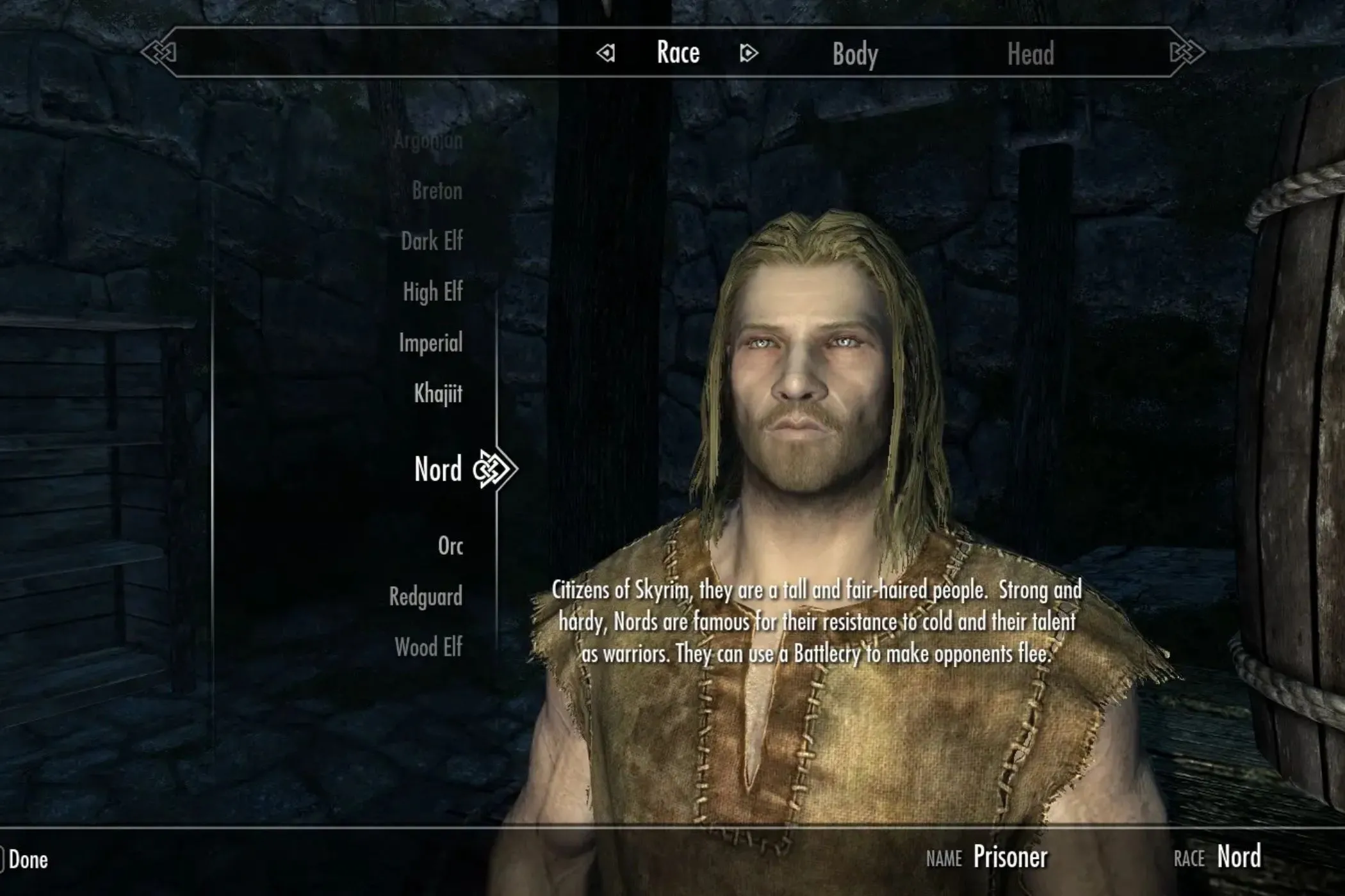 Màn hình lựa chọn nhân vật của mod Alternate Start - Live Another Life trong Skyrim, cho phép người chơi định hình một cuộc đời mới