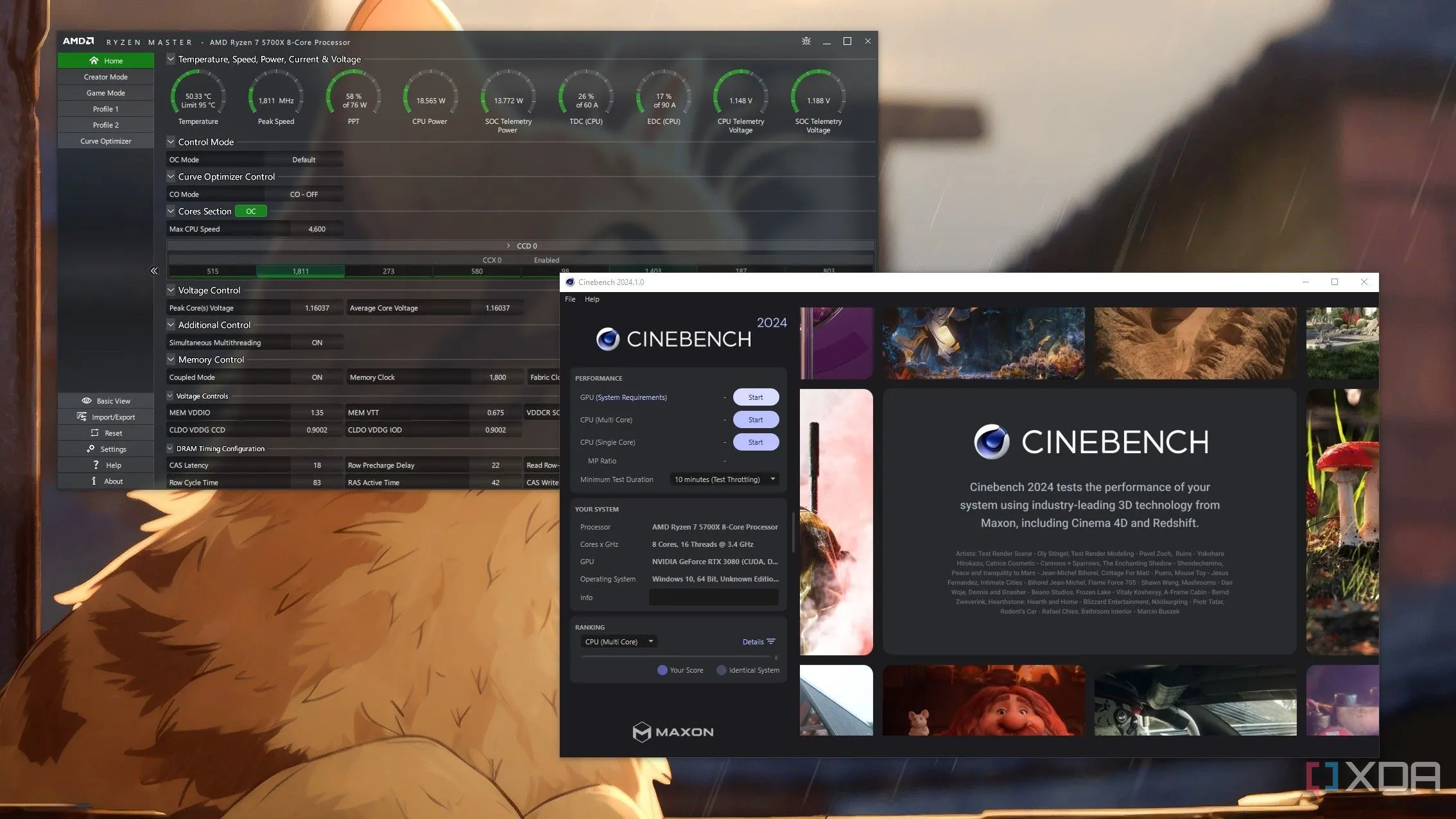 Màn hình máy tính hiển thị ứng dụng Ryzen Master và kết quả benchmark Cinebench 2024