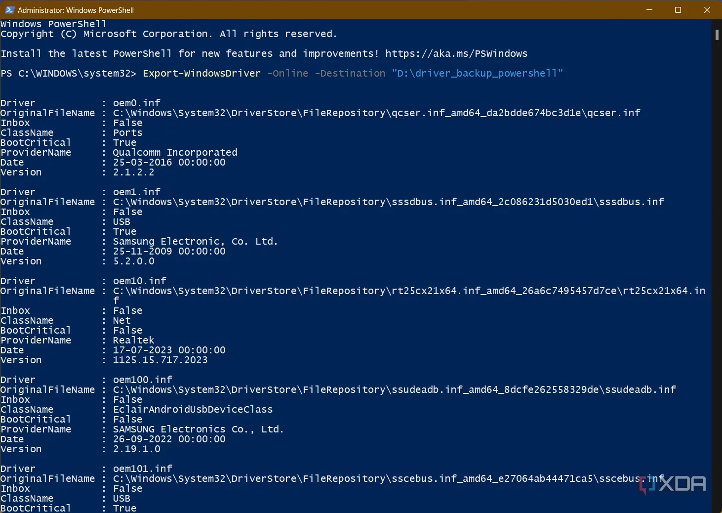 Màn hình PowerShell hiển thị quy trình sao lưu driver, minh họa khả năng tương thích dịch vụ Microsoft