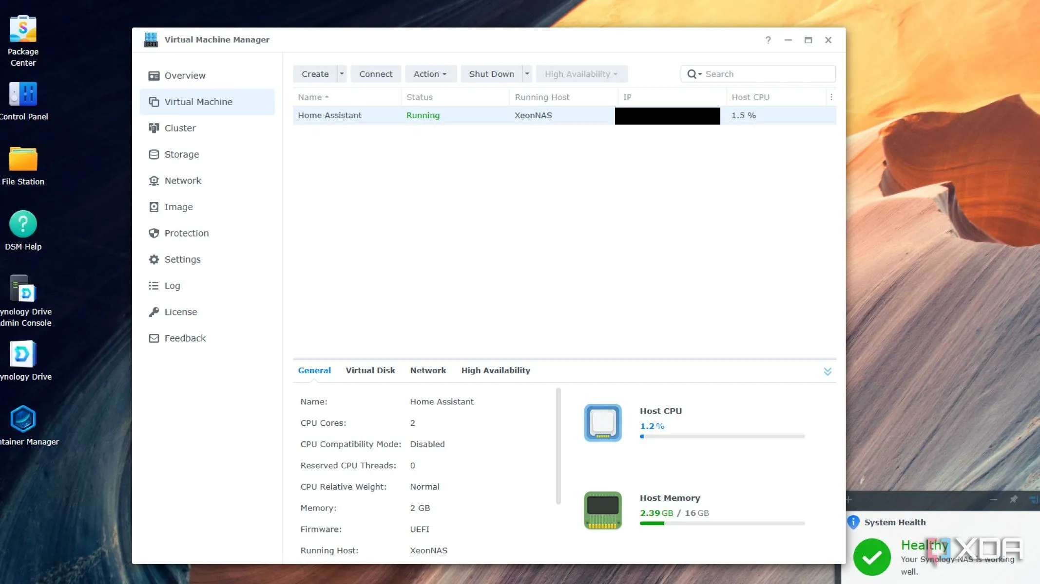 Màn hình quản lý máy ảo trên Synology DSM 7, minh họa Home Assistant OS đang chạy dưới dạng máy ảo