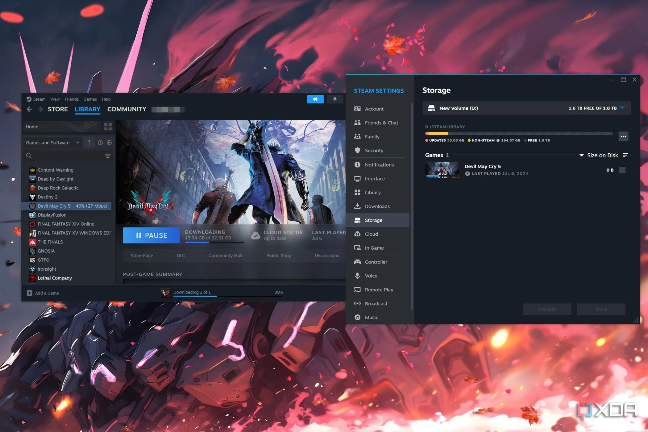 Màn hình Steam đang tải game Devil May Cry 5, minh họa việc sử dụng ổ cứng tân trang để lưu trữ các tựa game ít chơi