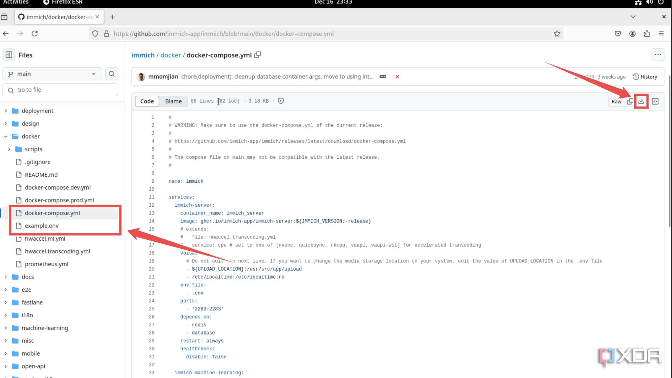 Màn hình tải file docker-compose.yml và example.env từ GitHub của Immich cho quá trình cài đặt Docker