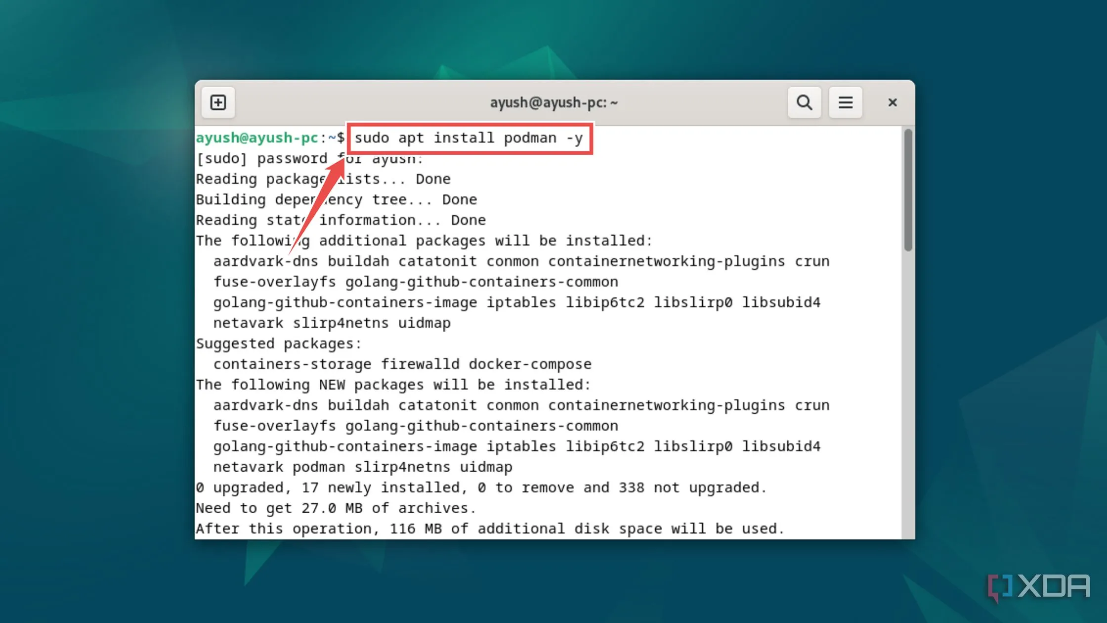 Màn hình terminal đang hiển thị quá trình cài đặt Podman trên hệ điều hành Linux sử dụng lệnh sudo apt install