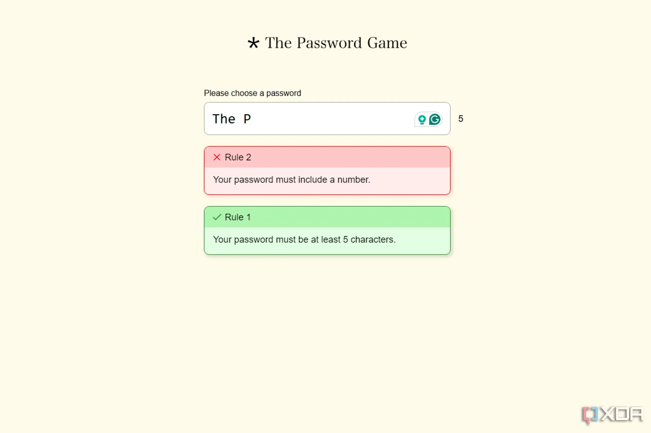 Màn hình The Password Game hiển thị danh sách dài các yêu cầu mật khẩu phức tạp