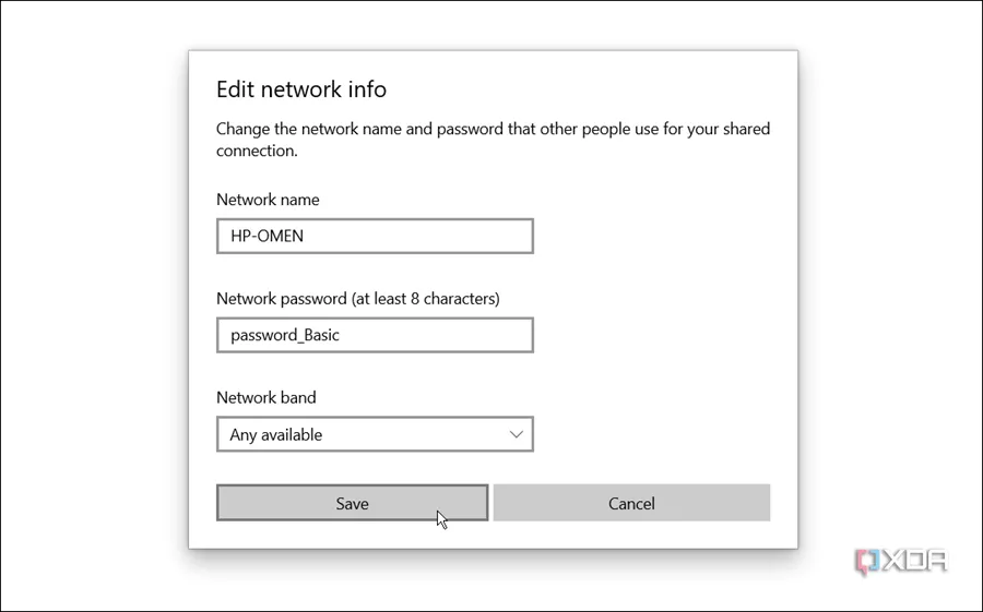 Màn hình thiết lập điểm phát sóng Wi-Fi trên Windows 10 với tên mạng, mật khẩu và băng tần