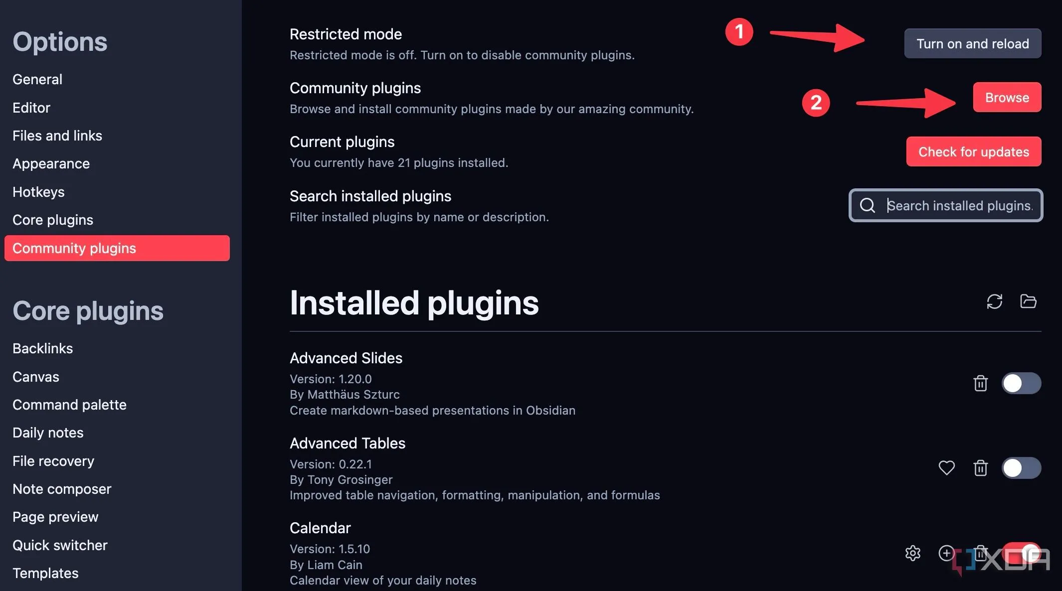 Màn hình tìm kiếm và duyệt plugin cộng đồng trong Obsidian