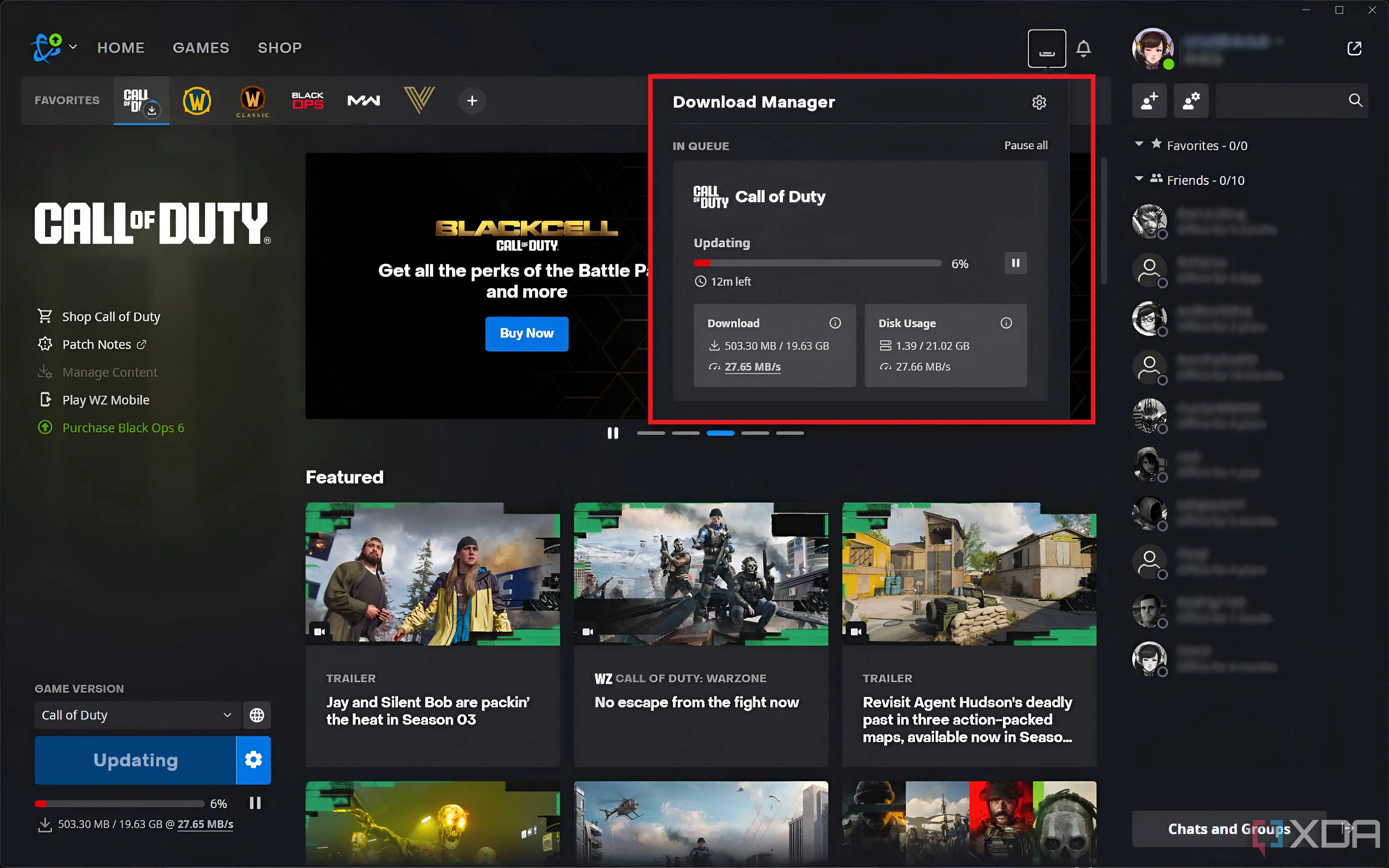 Màn hình trình khởi chạy Battle.net đang cập nhật Call of Duty: Modern Warfare, minh họa dung lượng cập nhật lớn.