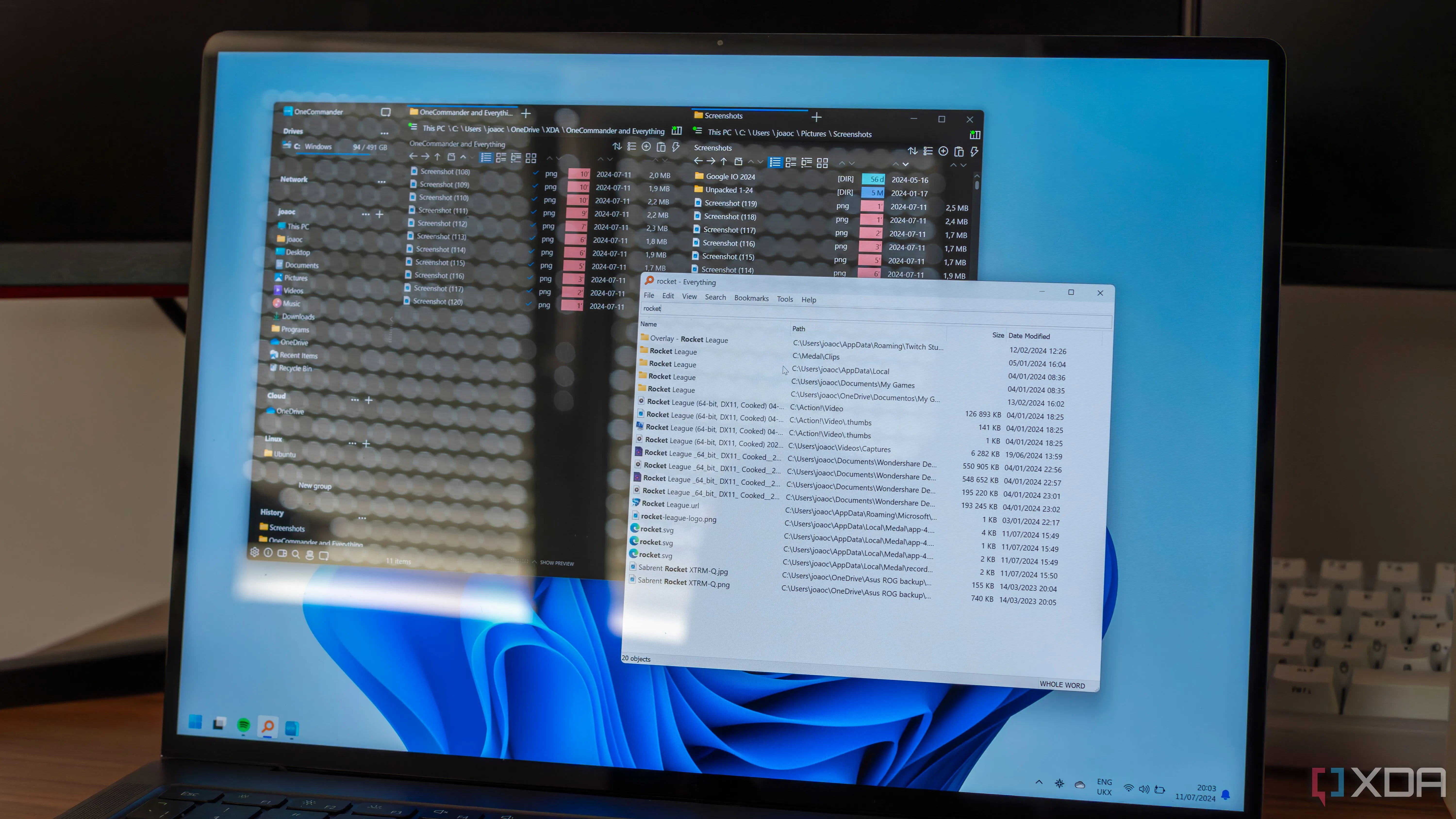 Màn hình Windows 11 hiển thị OneCommander và Everything, các công cụ quản lý file và tìm kiếm hiệu quả.