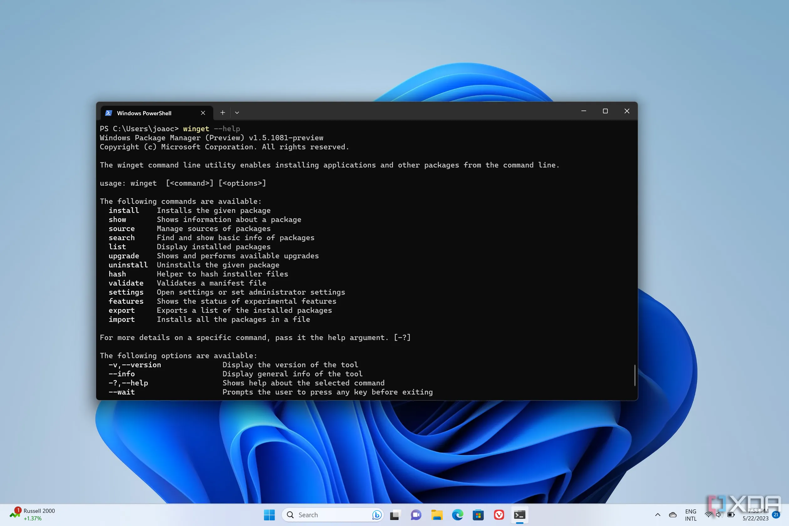 Màn hình Windows Terminal trên Windows 11 hiển thị danh sách lệnh winget, minh họa phương pháp quản lý ứng dụng CLI