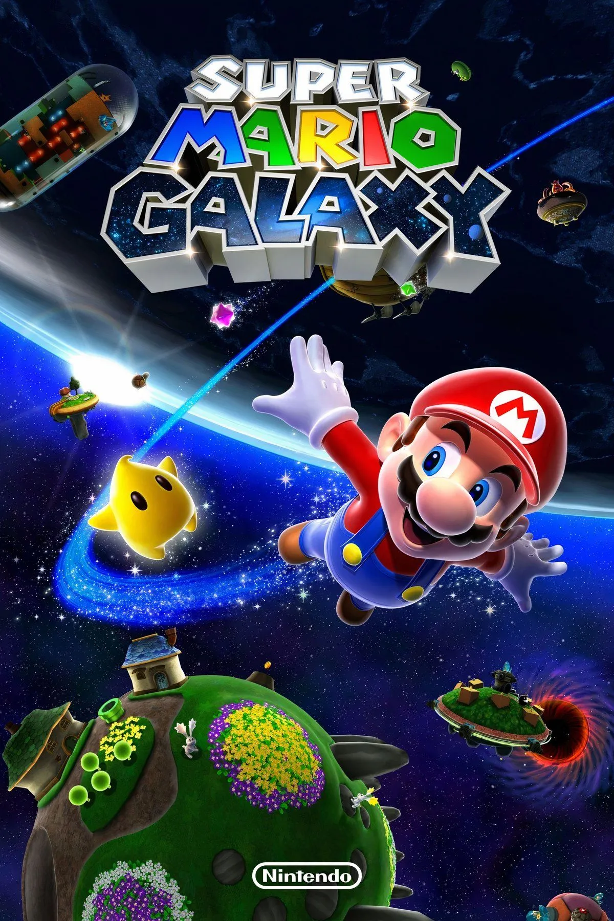 Mario đang nhảy trên một hành tinh nhỏ trong Super Mario Galaxy, minh họa cơ chế trọng lực độc đáo và môi trường 3D sáng tạo.