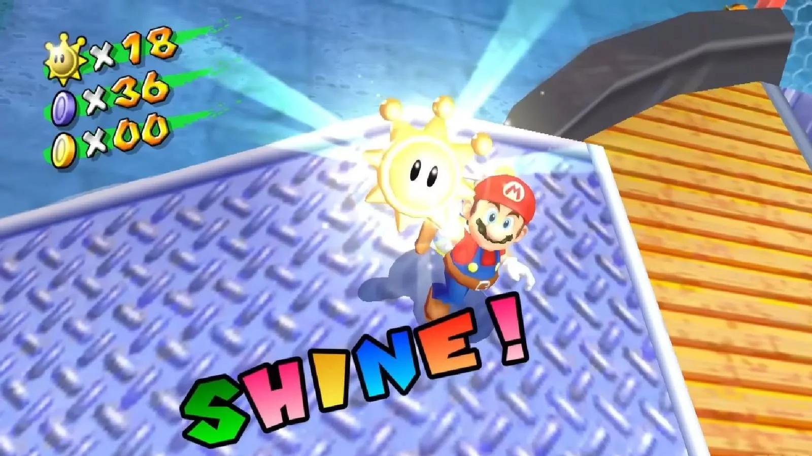 Mario thu thập Shine Sprite trong game Super Mario Sunshine