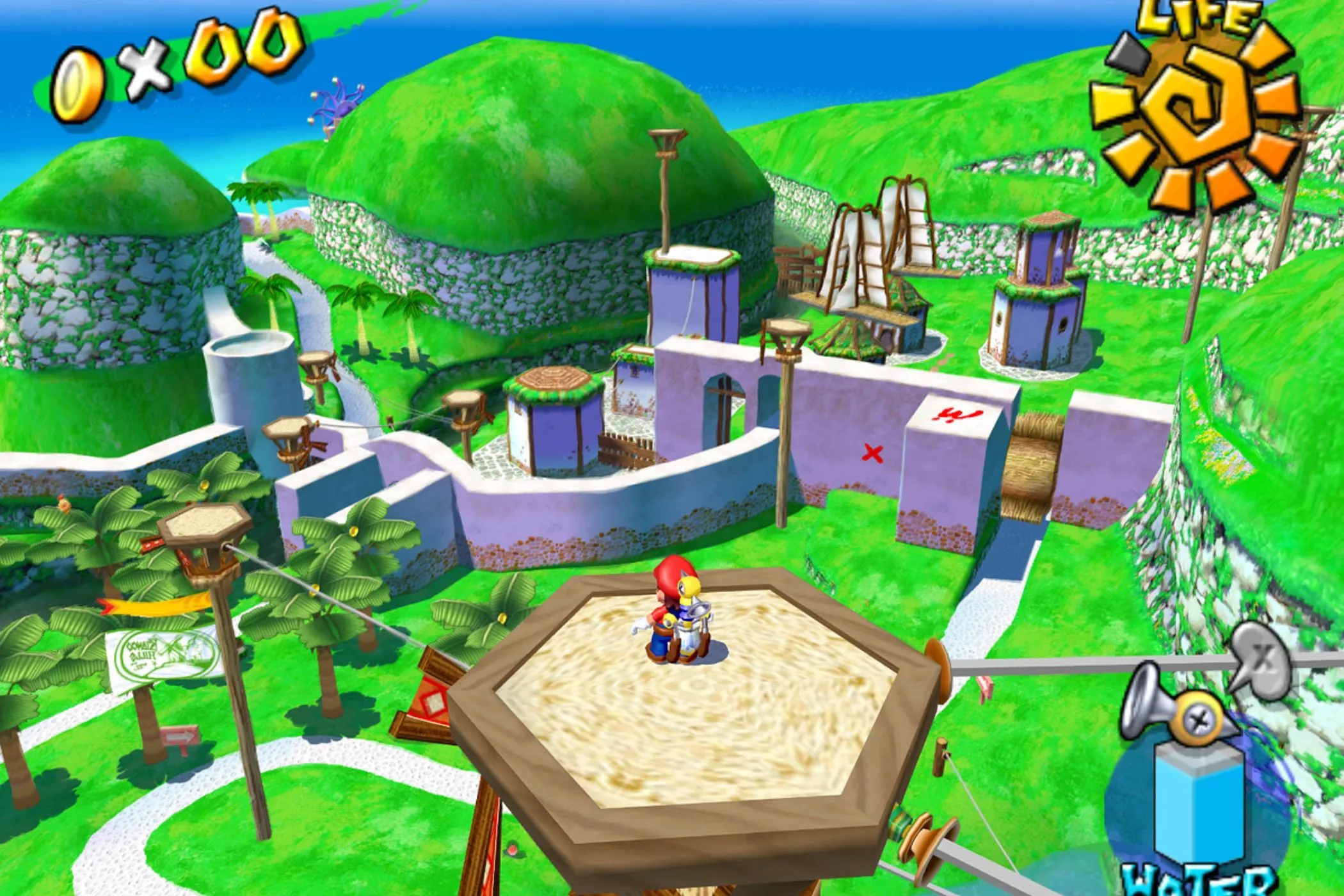 Mario trên tháp ở Isle Delfino trong Super Mario Sunshine