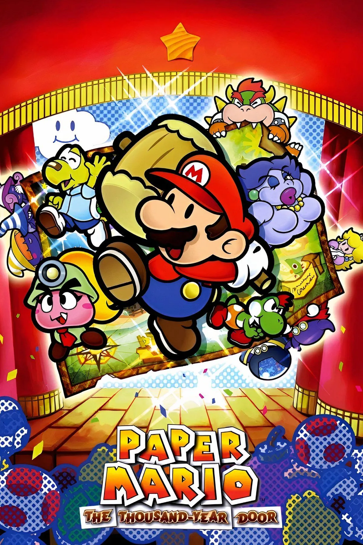 Mario và Yoshi đồng hành cùng nhau trong game Paper Mario: The Thousand-Year Door với phong cách đồ họa phẳng độc đáo