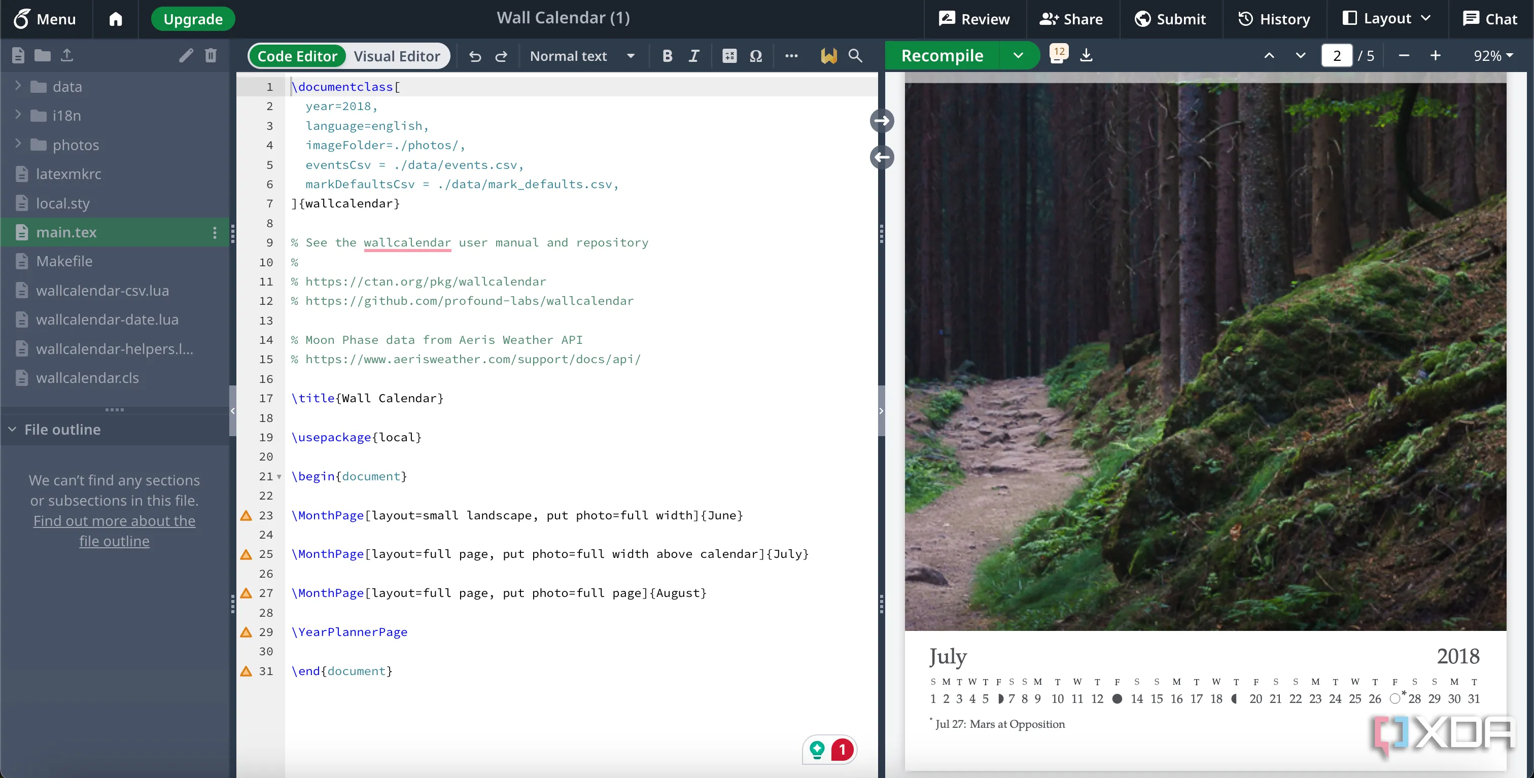 Mẫu lịch treo tường trên Overleaf