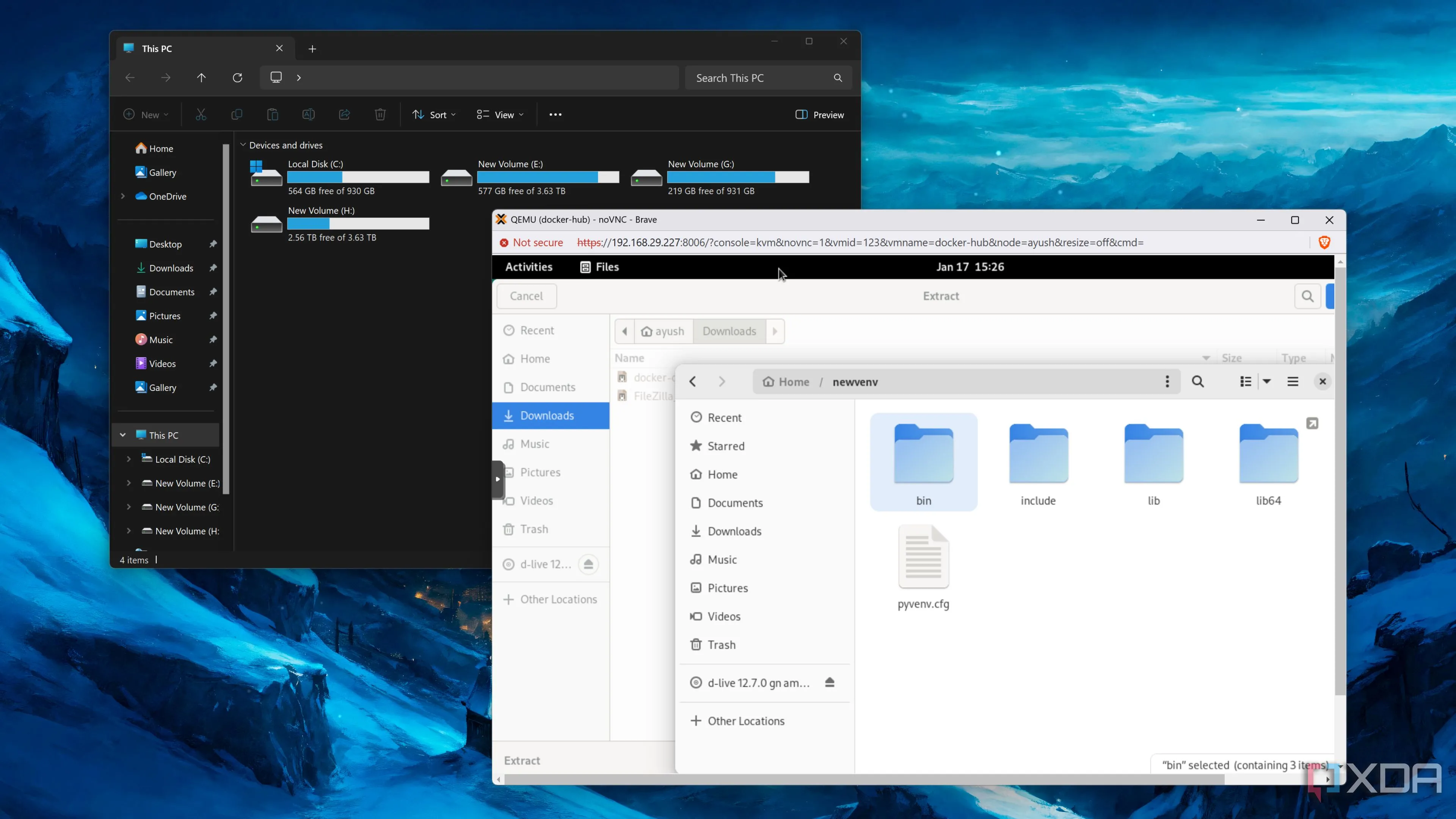 Máy ảo Debian đang chạy trên Proxmox với File Explorer của Windows 11 ở chế độ nền, thể hiện khả năng cộng tác đa nền tảng.