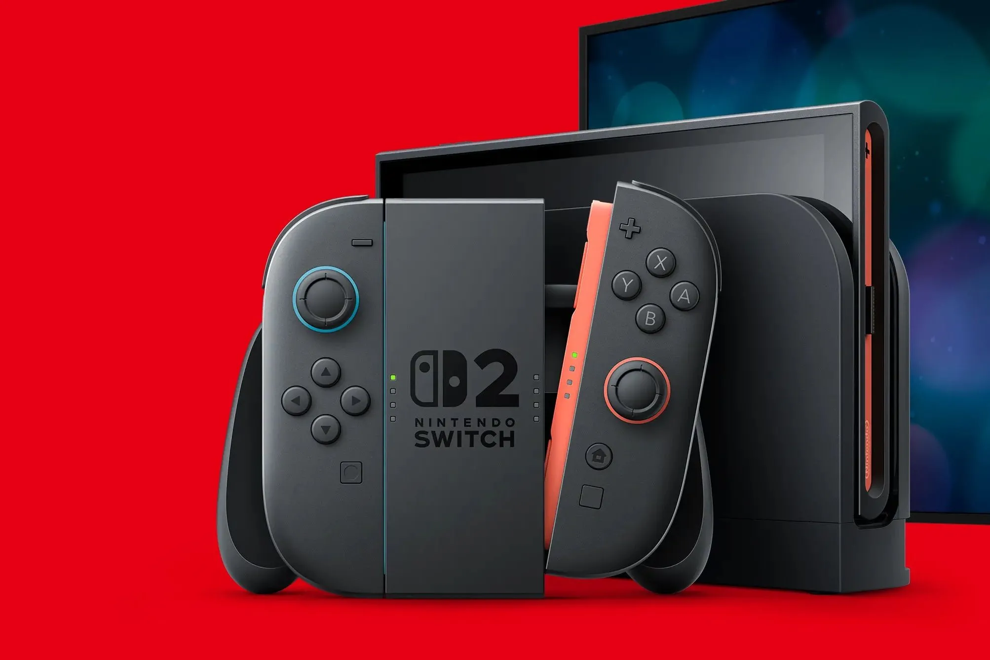 Máy chơi game Nintendo Switch 2 nằm trong dock kèm tay cầm Joy-con, thể hiện xu hướng handheld PC trong tương lai
