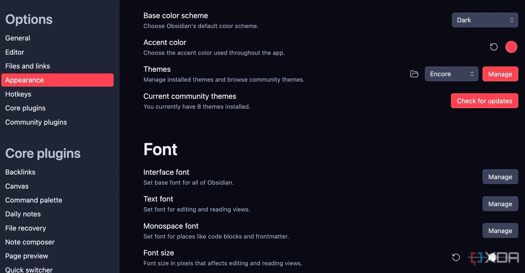 Menu quản lý chủ đề (Themes) trong cài đặt Obsidian